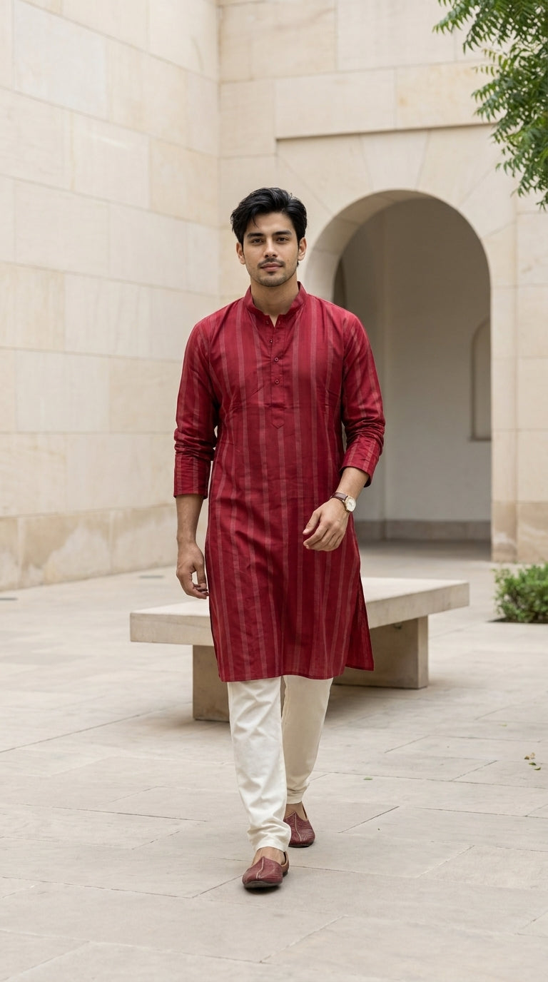 Maroon striped men's kurti with mandarin collar and cream trousers styled with traditional juti shoes