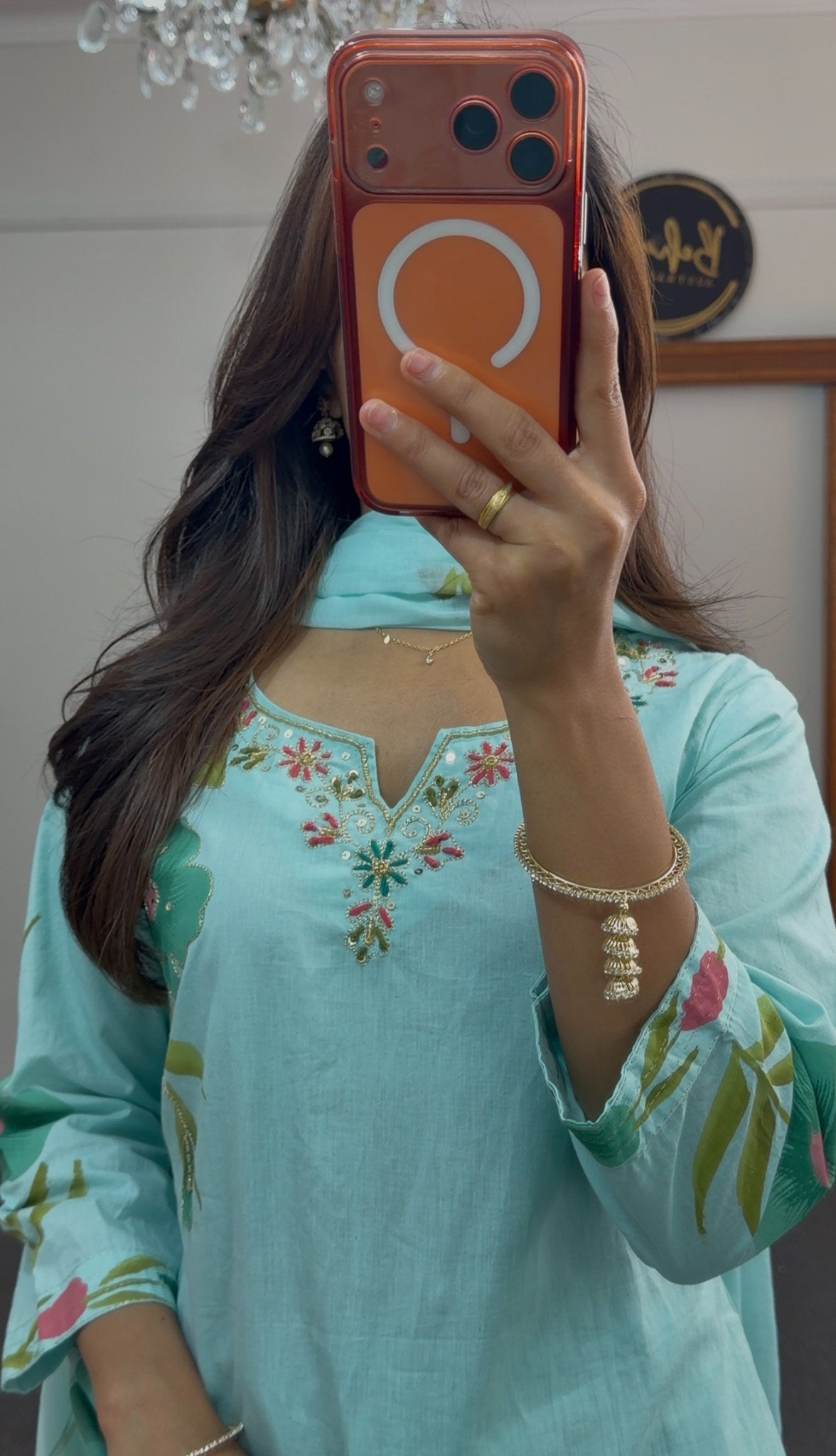 Aqua cotton kurti set with green and pink floral print, embroidered neckline and matching dupatta — Behuli Australia — view 4