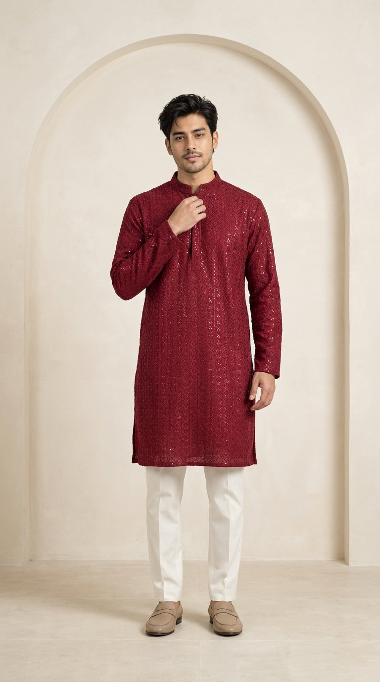 Maroon men's kurti with sequin geometric embroidery, mandarin collar and full sleeves, worn with white trousers