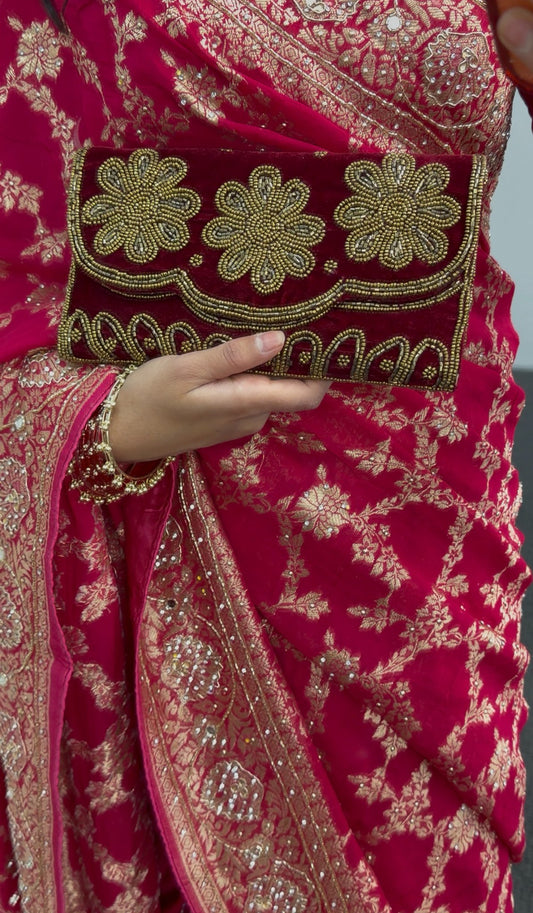 Maroon velvet clutch bag with gold beaded floral embroidery and scalloped border detailing — Behuli Australia — view 2
