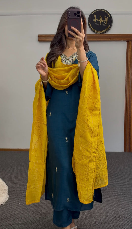 Teal kurti set with floral neckline embroidery paired with a mustard printed dupatta — Behuli Australia — view 2