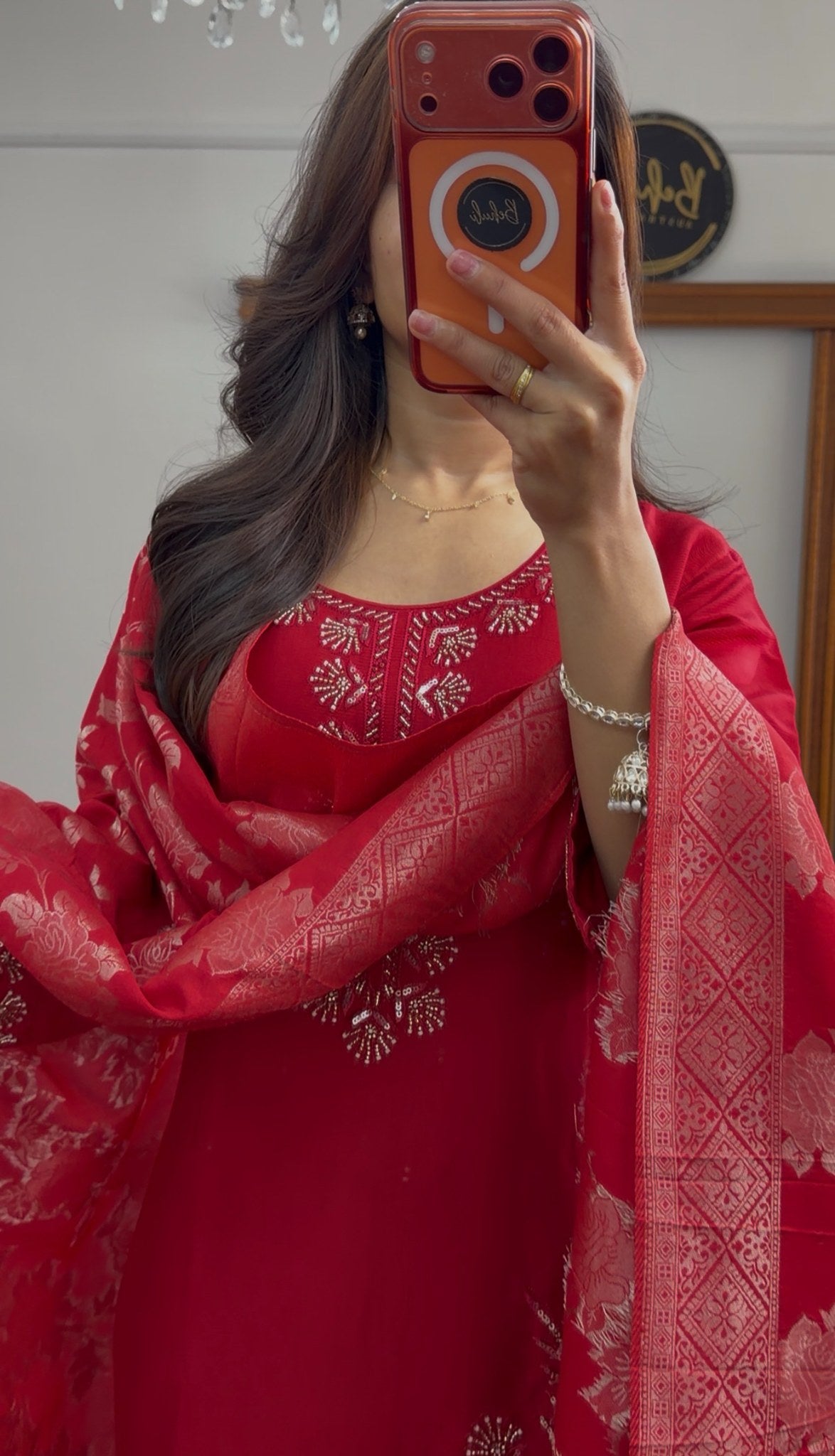 Red kurti set with gold zari floral embroidery and matching red floral dupatta — Behuli Australia — view 3