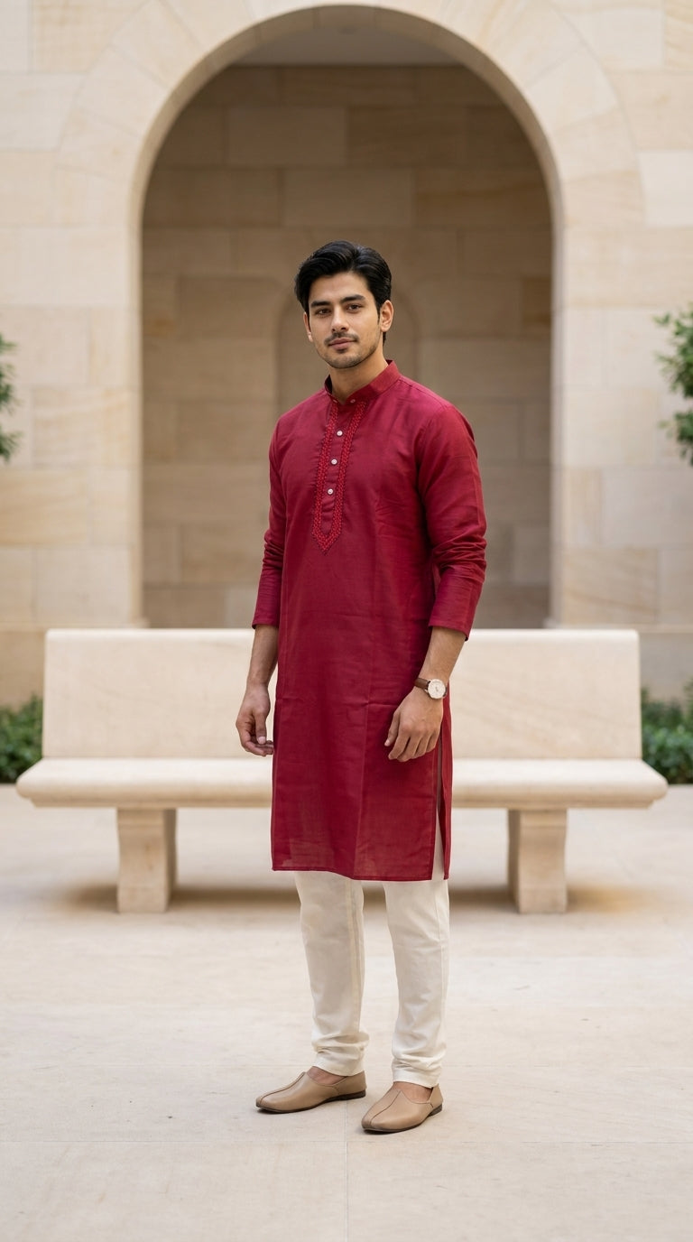 Maroon red men's kurti with embroidered placket, mandarin collar, and ivory churidar trousers — Behuli Australia — view 2