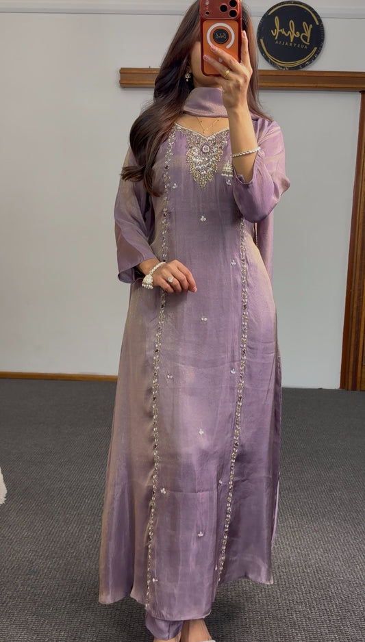 Mauve purple Anarkali suit with embroidered neckline, sequin detailing and flowing matching dupatta — Behuli Australia — view 2