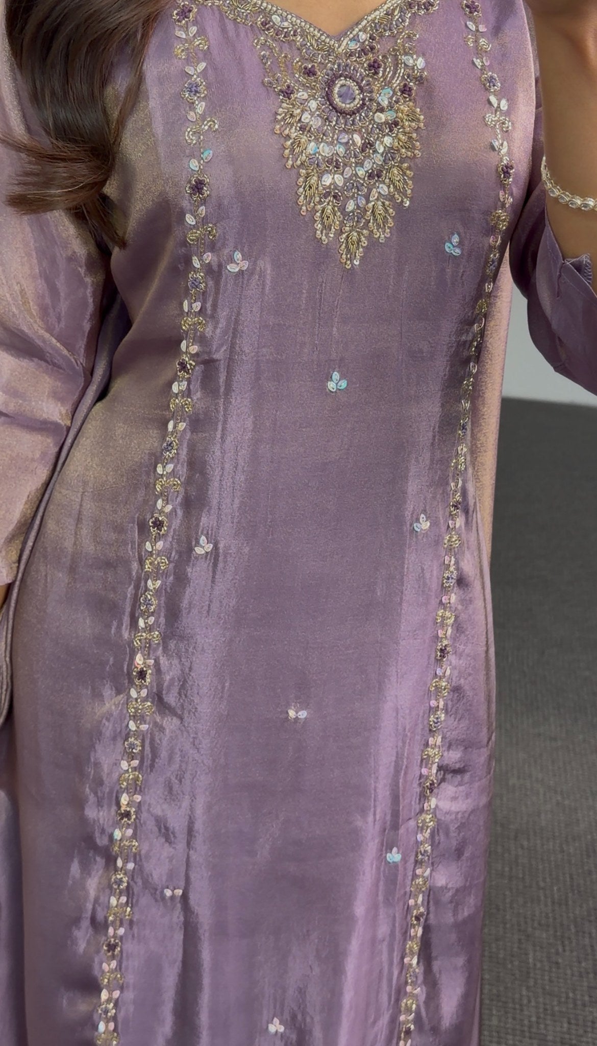 Mauve purple Anarkali suit with embroidered neckline, sequin detailing and flowing matching dupatta — Behuli Australia — view 4