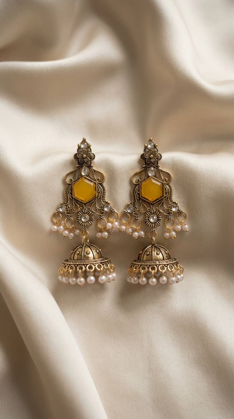 Antique gold jhumka earrings with mustard hexagonal stone centrepiece, floral filigree and ivory pearl-style bead drops — — view 2