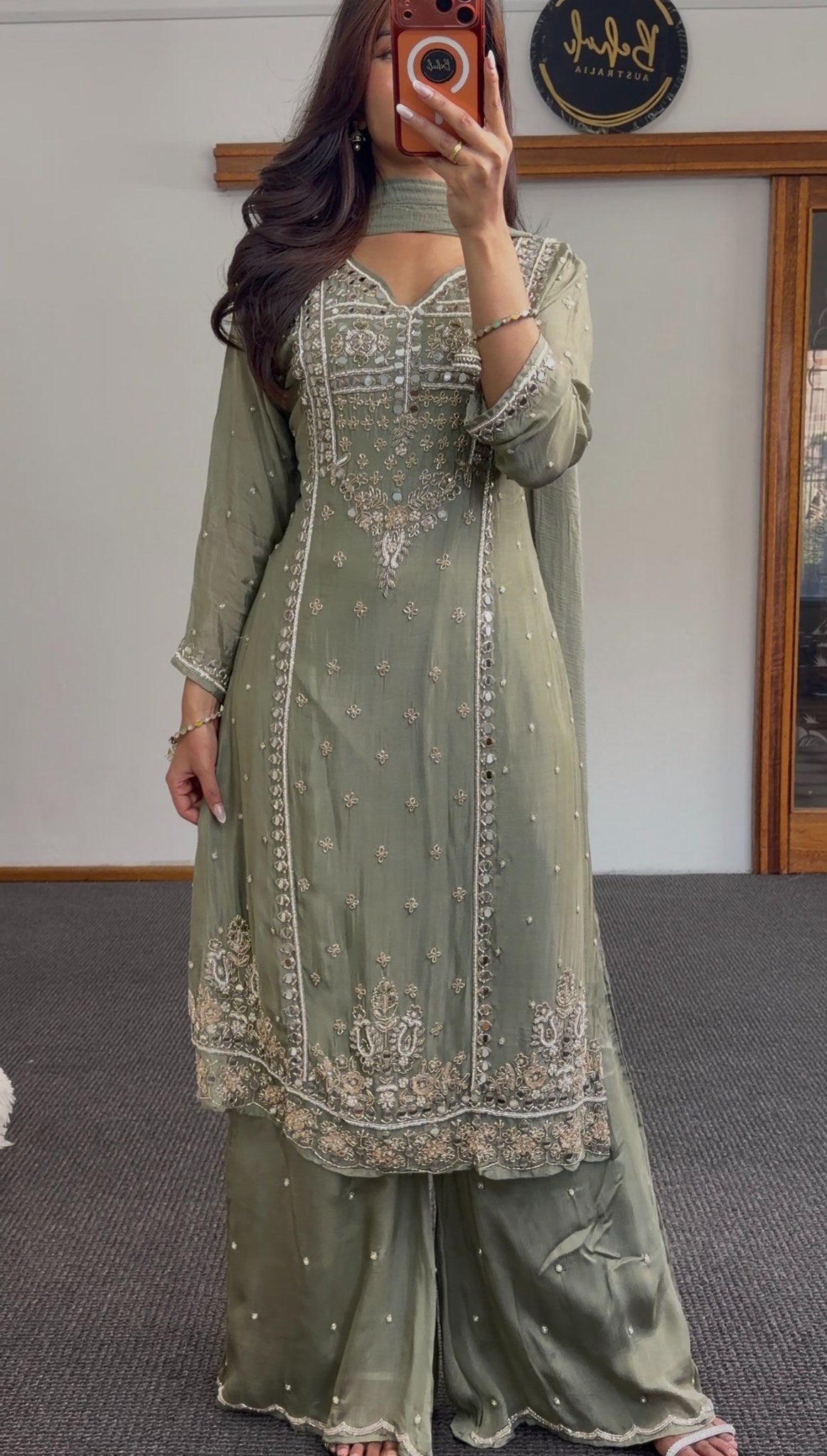 Sage green palazzo suit set with floral paisley embellishment on yoke and hem, full sleeves and matching dupatta — Behuli — view 5