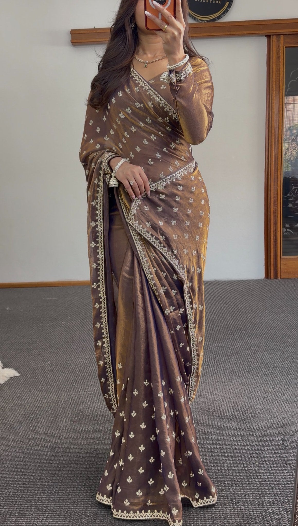 Brown tissue saree with golden sheen, ivory zari booti embroidery and scalloped border draped with matching pallu — view 4