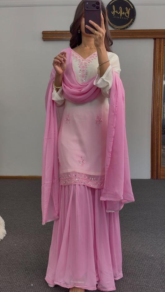 Ivory to pink ombre palazzo suit set with floral embroidery, mirror detailing and flowing pink dupatta by Behuli Australia — view 2