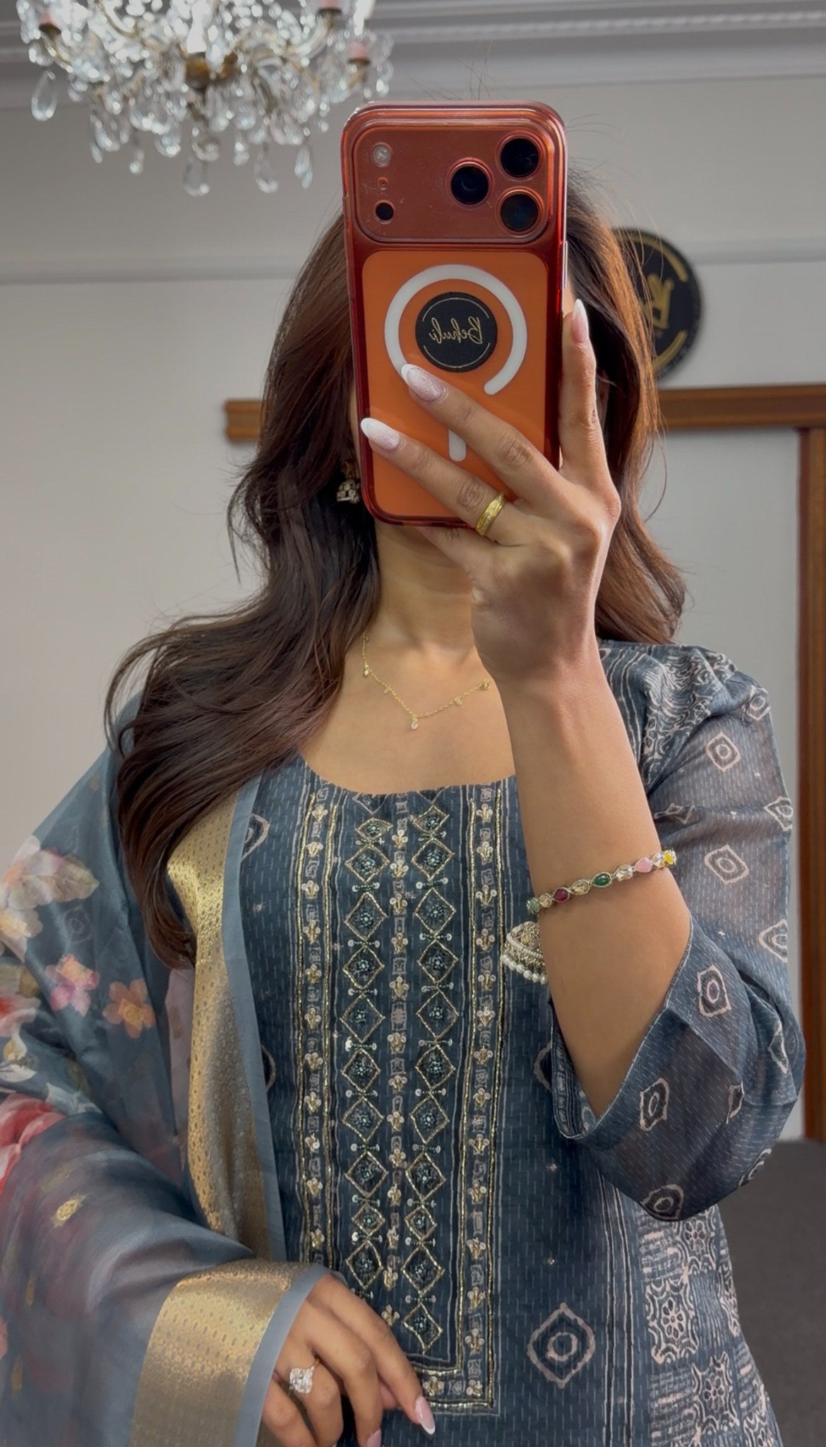 Steel blue geometric diamond-print kurti set with embellished neckline and floral organza dupatta featuring gold zari border — view 4