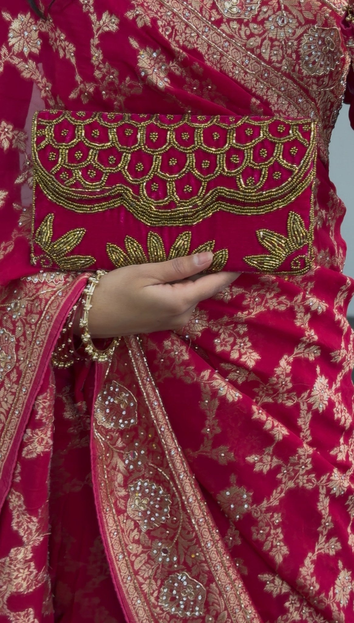 Fuchsia embroidered clutch bag with gold beadwork in scalloped floral pattern — Behuli Australia — view 2