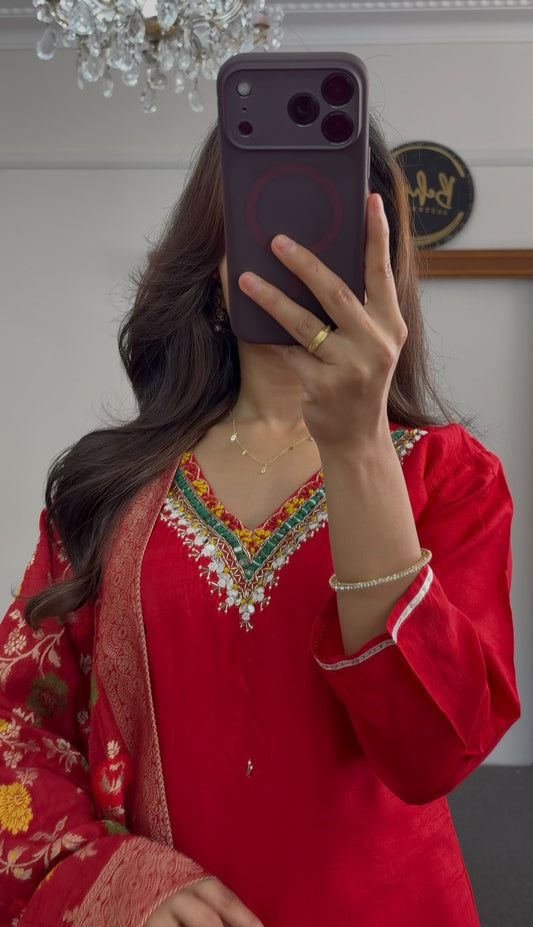 Red kurti set with sequin embroidered neckline paired with a red and gold floral Banarasi-style dupatta — view 2