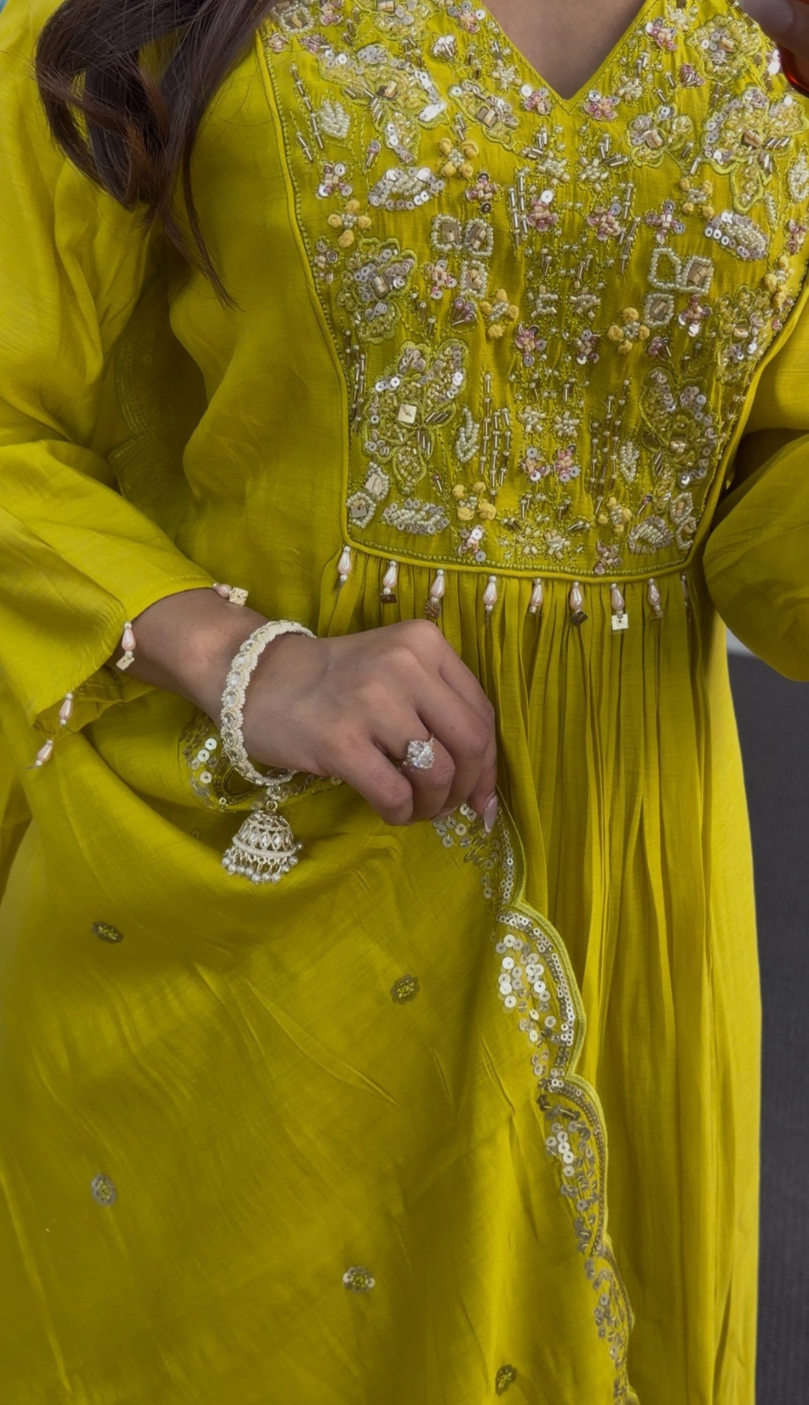 Lime yellow Mal Chanderi Anarkali suit with sequin embroidery bodice and matching sequin-bordered dupatta — view 4