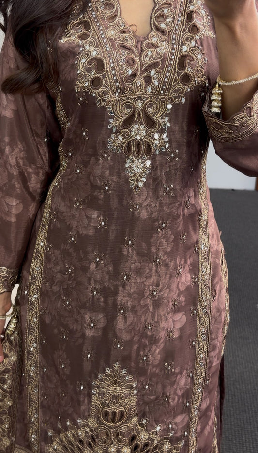 Mauve brown kurti set with gold zari embroidery, sequin detailing and floral printed dupatta — Behuli Australia — view 2