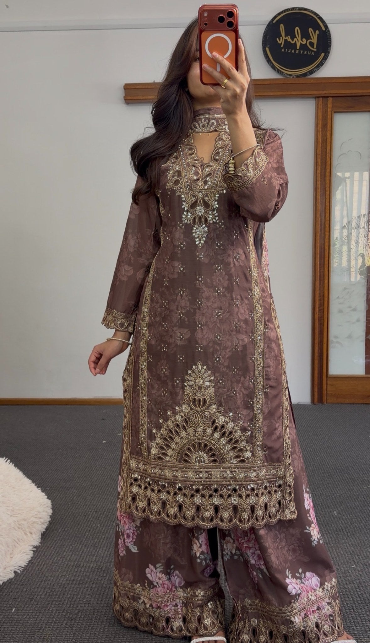 Mauve brown kurti set with gold zari embroidery, sequin detailing and floral printed dupatta — Behuli Australia — view 6