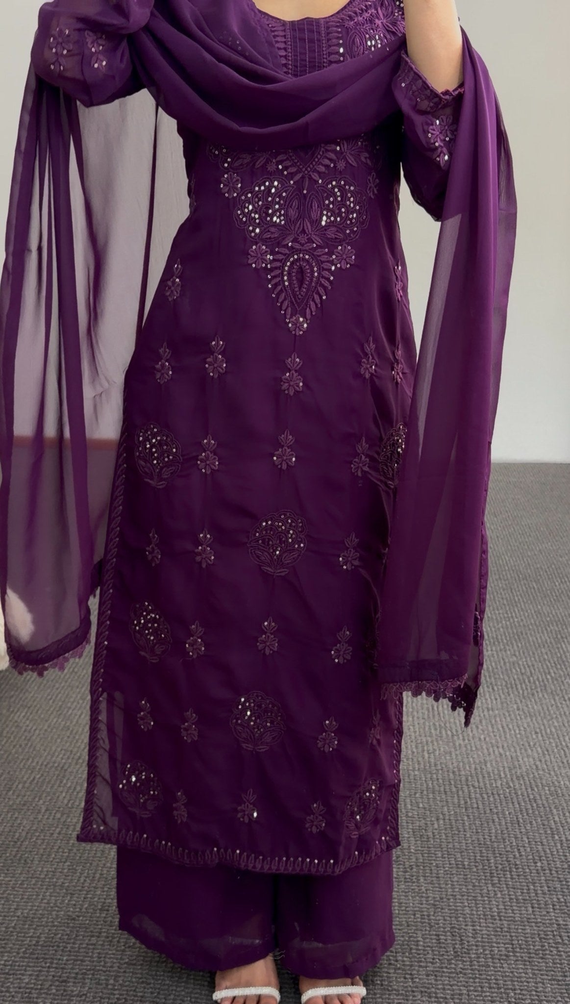 Deep royal purple chikankari kurti set with sequin embroidery, matching palazzo pants and dupatta — Behuli Australia — view 5