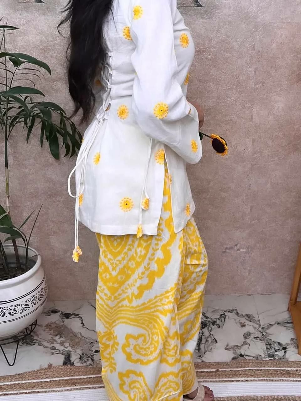 Ivory long kurti with gold sunflower embellishment and mustard ikat-print palazzo co-ord set — Behuli Australia — view 3