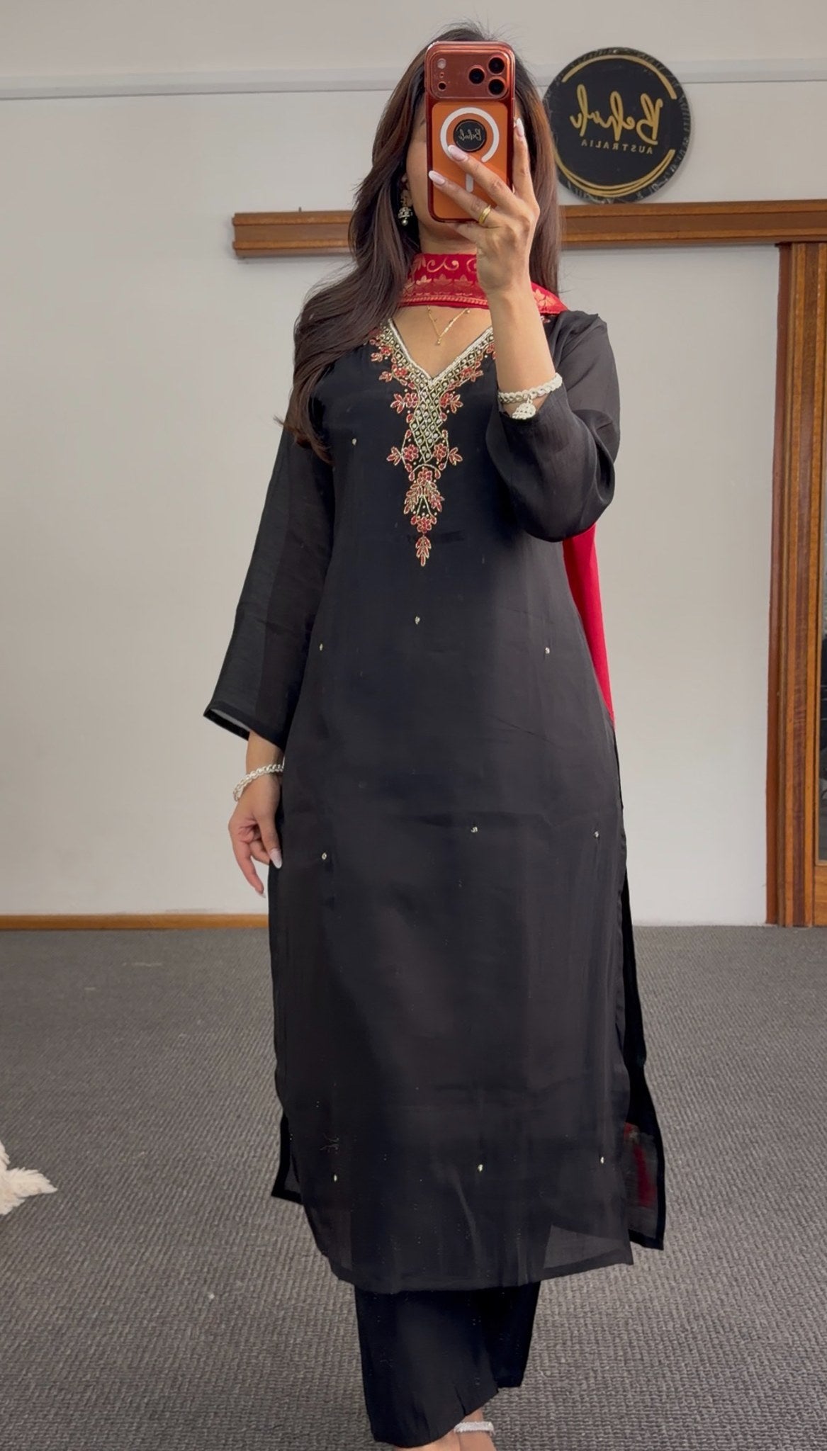 Black kurti set with beaded neckline embroidery paired with red gold-motif Banarasi dupatta — Behuli Australia — view 4