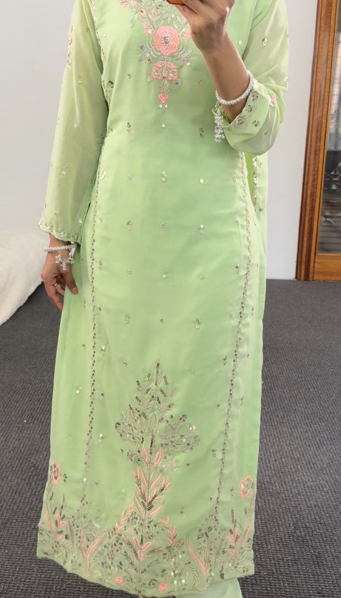 Mint green kurti set with floral sequin and resham embroidery, matching trousers and embellished dupatta — Behuli Australia — view 4