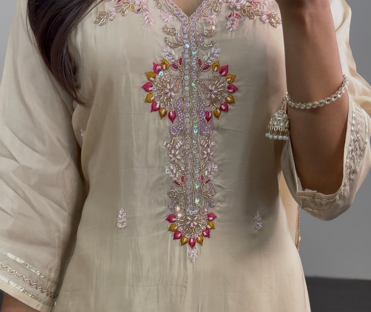 Ivory crepe silk sharara suit set with floral thread embroidery, pink accents, and matching dupatta — Behuli Australia — view 5