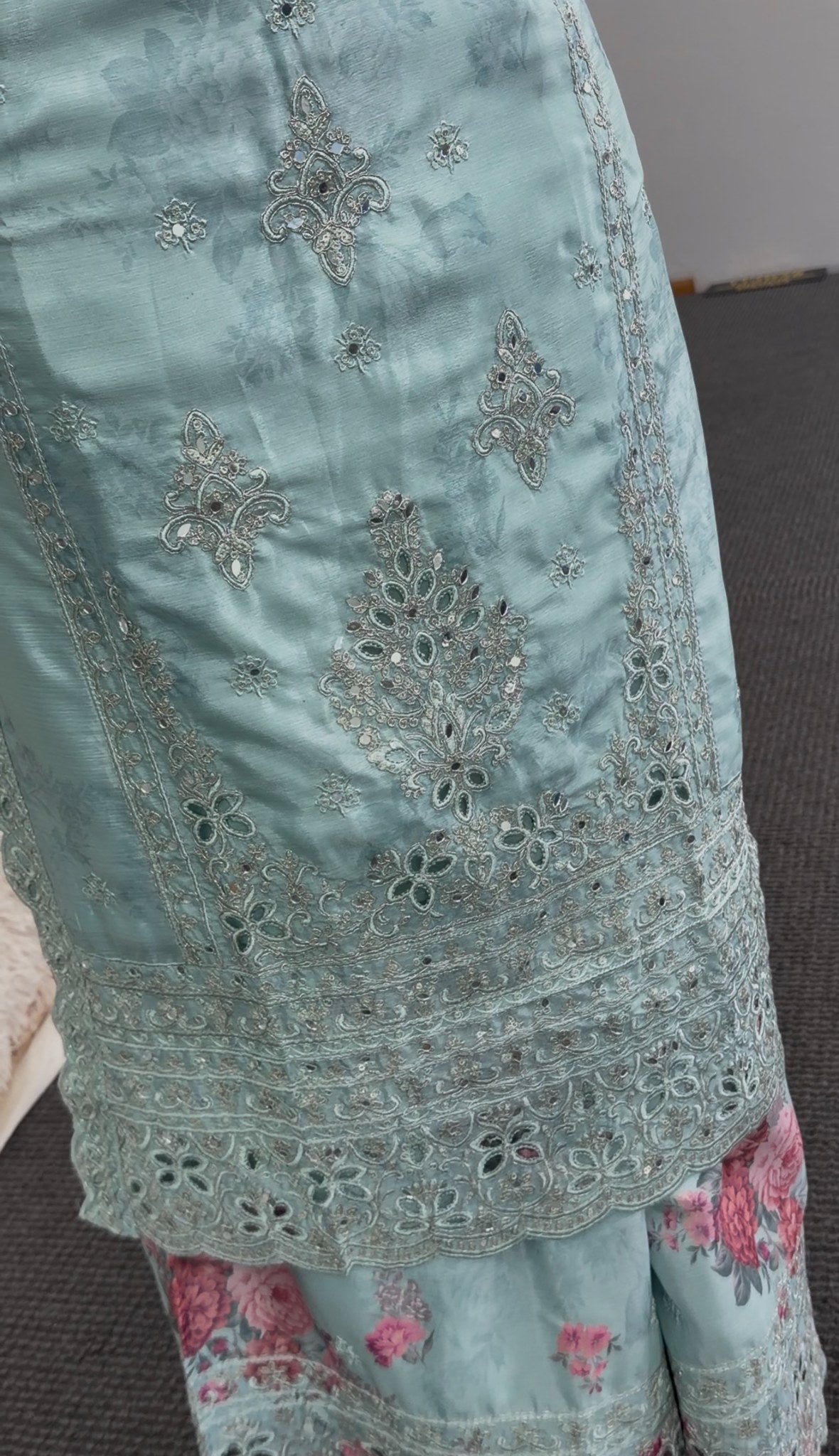 Powder blue embroidered kurti set with floral printed dupatta, stone and sequin detailing — Behuli Australia — view 5