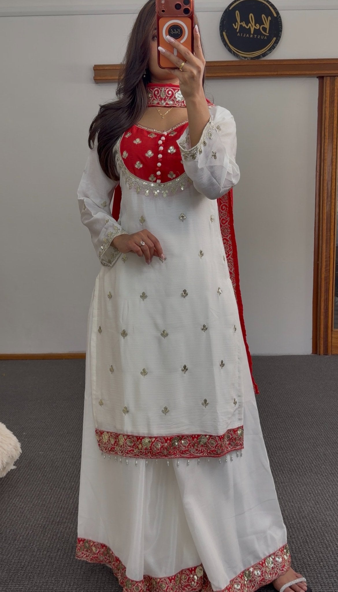 Ivory and red palazzo suit set with gold zari embroidery, red embroidered border trim and matching red dupatta — Behuli — view 6