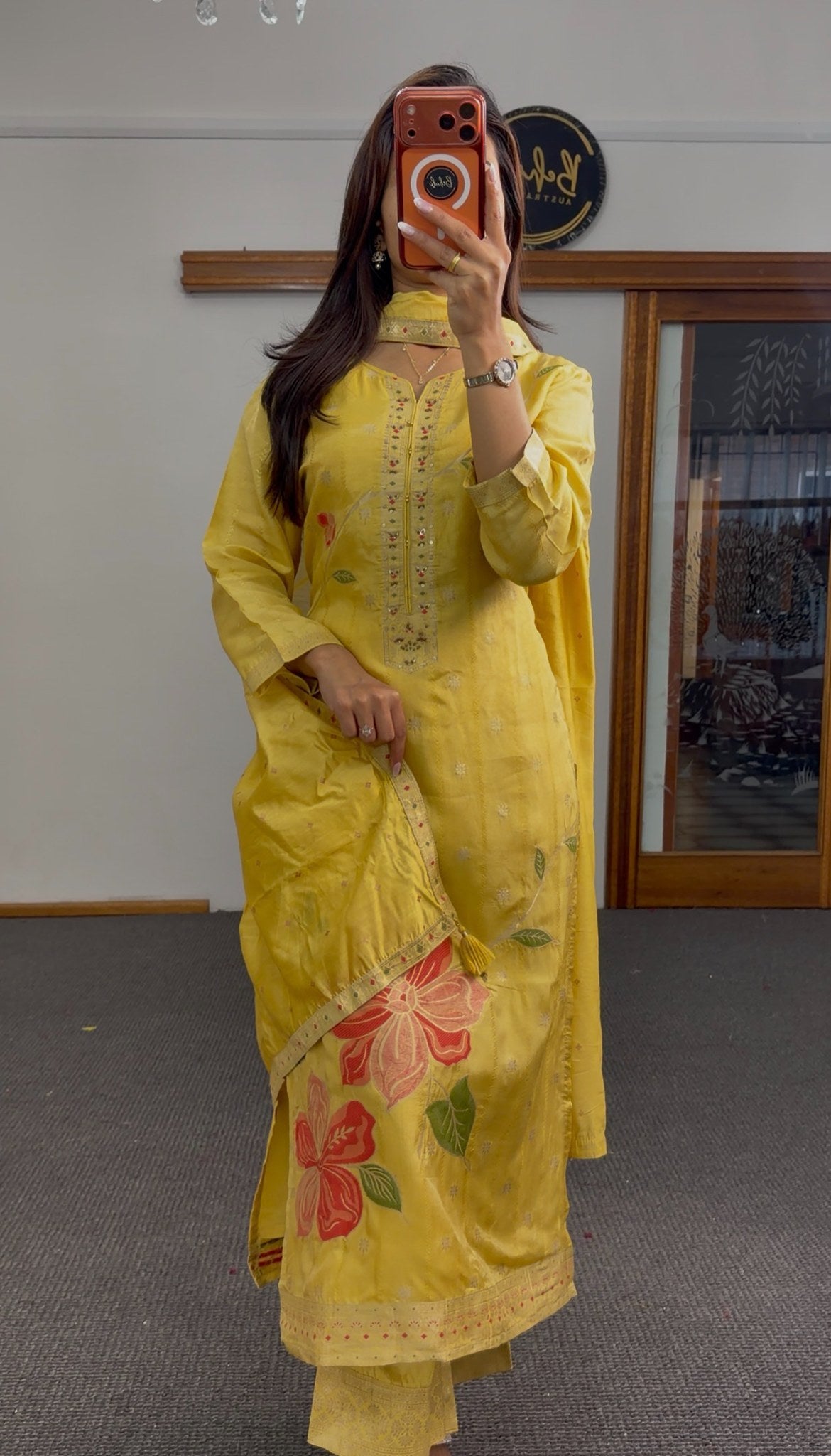Mustard yellow kurti set with coral floral motif, sequin neckline embellishment and matching dupatta — Behuli Australia — view 4