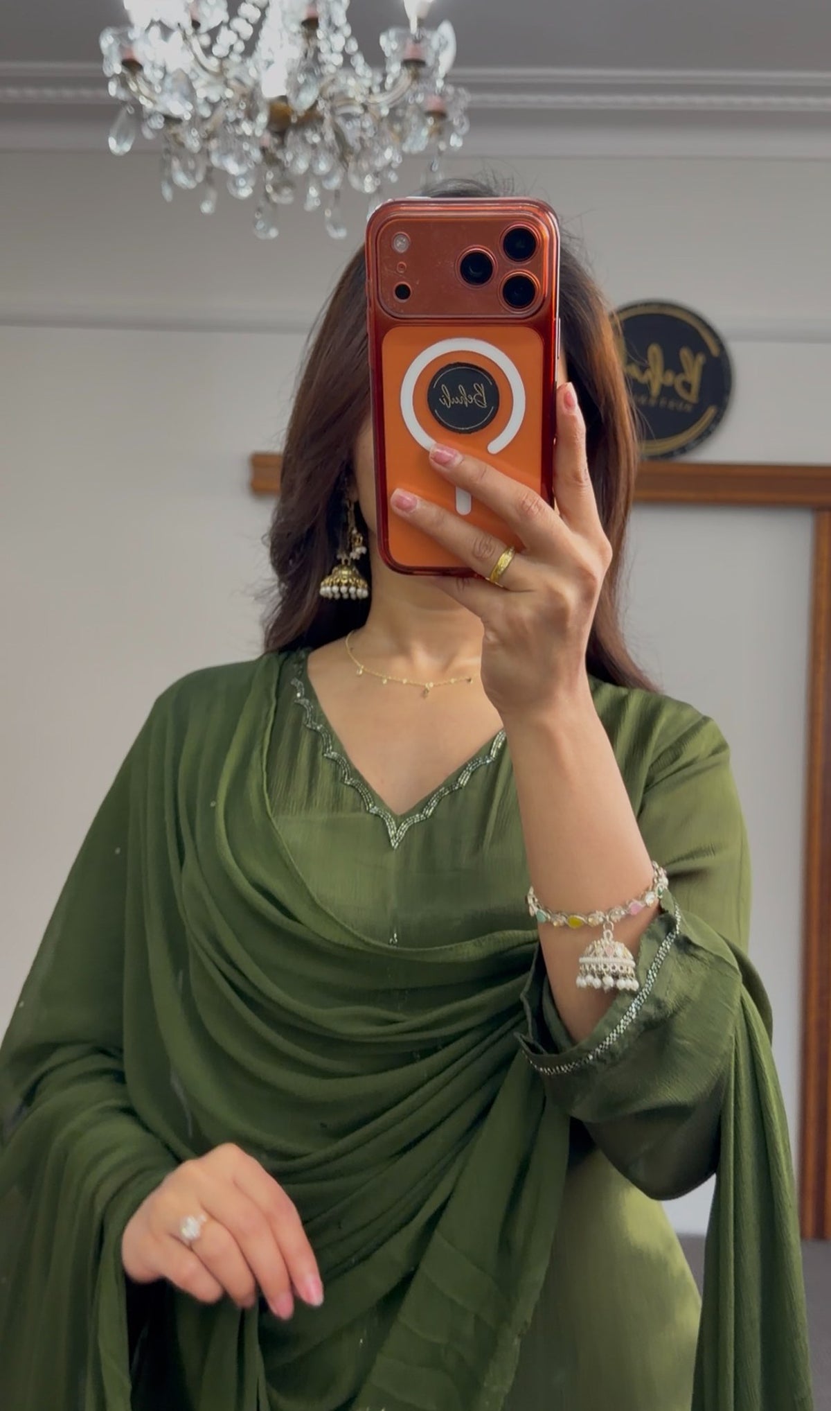 Olive green Anarkali suit with floral sequin embroidery and flowing silhouette — Behuli Australia — view 5