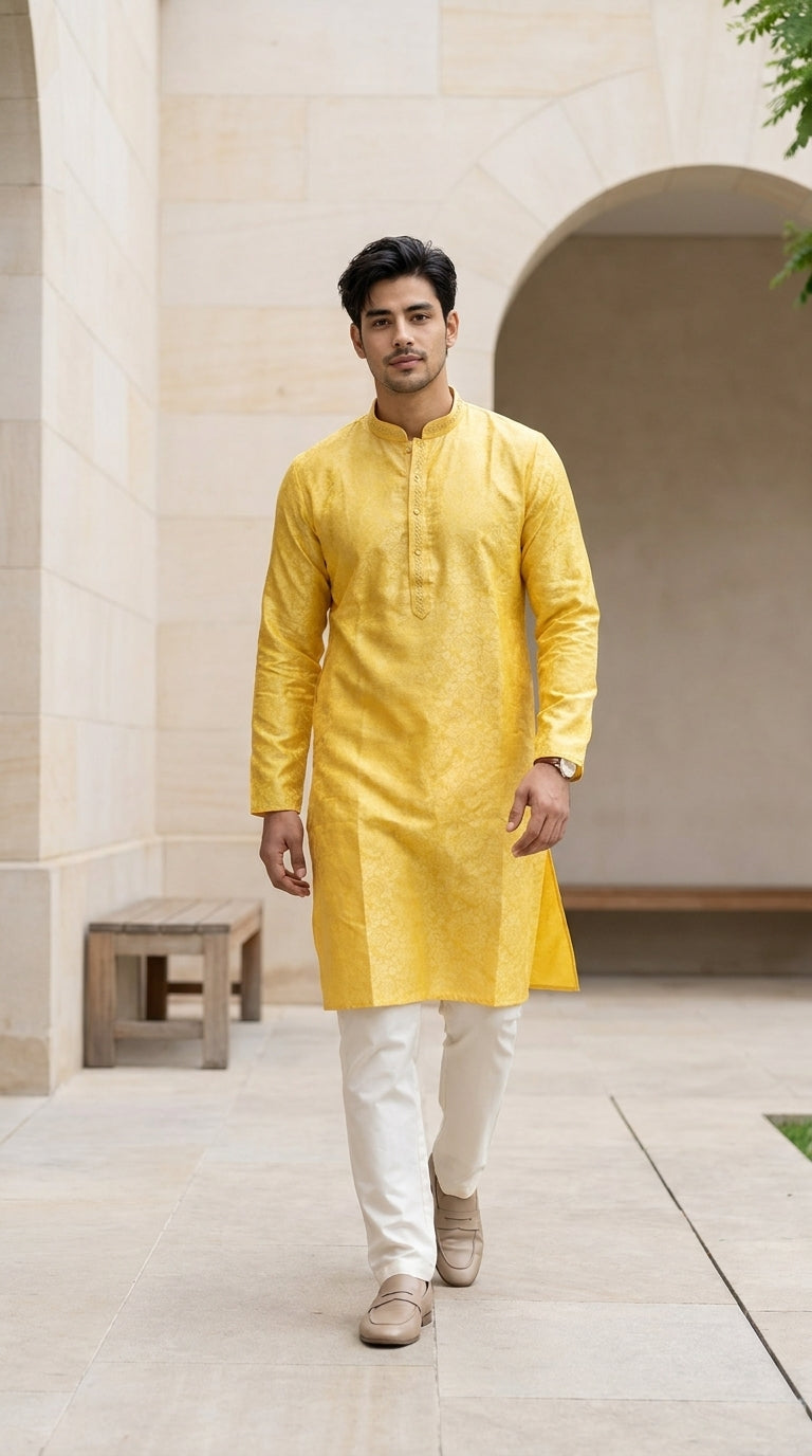 Mustard yellow men's kurti with self-jacquard pattern, mandarin collar and white suruwal pants — Behuli Australia — view 2