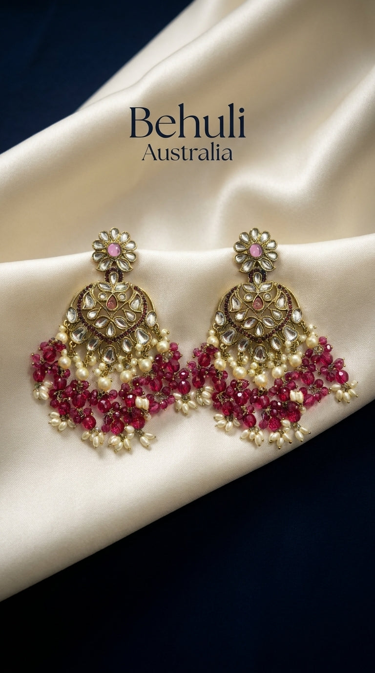 Ruby red and pearl chandbali earrings with kundan floral top and cascading crystal bead drops — Behuli Australia