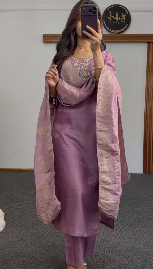 Mauve pink kurti set with embroidered neckline detail and matching gold-print dupatta — Behuli Australia — view 2