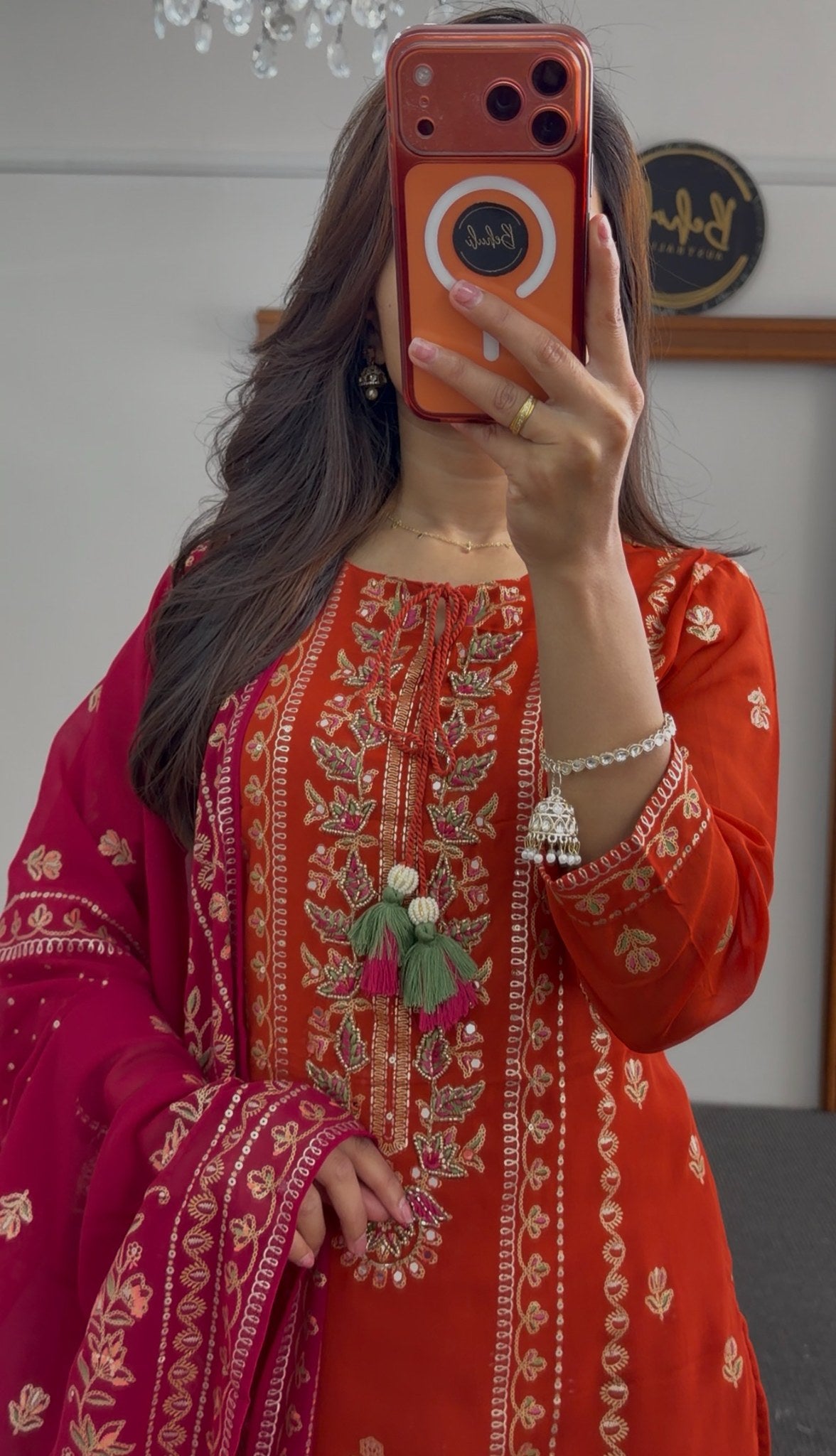 Orange georgette kurti set with floral embroidery, sequin detailing and contrasting fuchsia dupatta — Behuli Australia — view 4