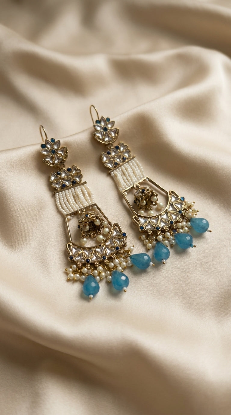 Ivory and mint green kundan-style chandbali earrings with seed pearl panels and faceted bead drops on cream silk — Behuli — Blue