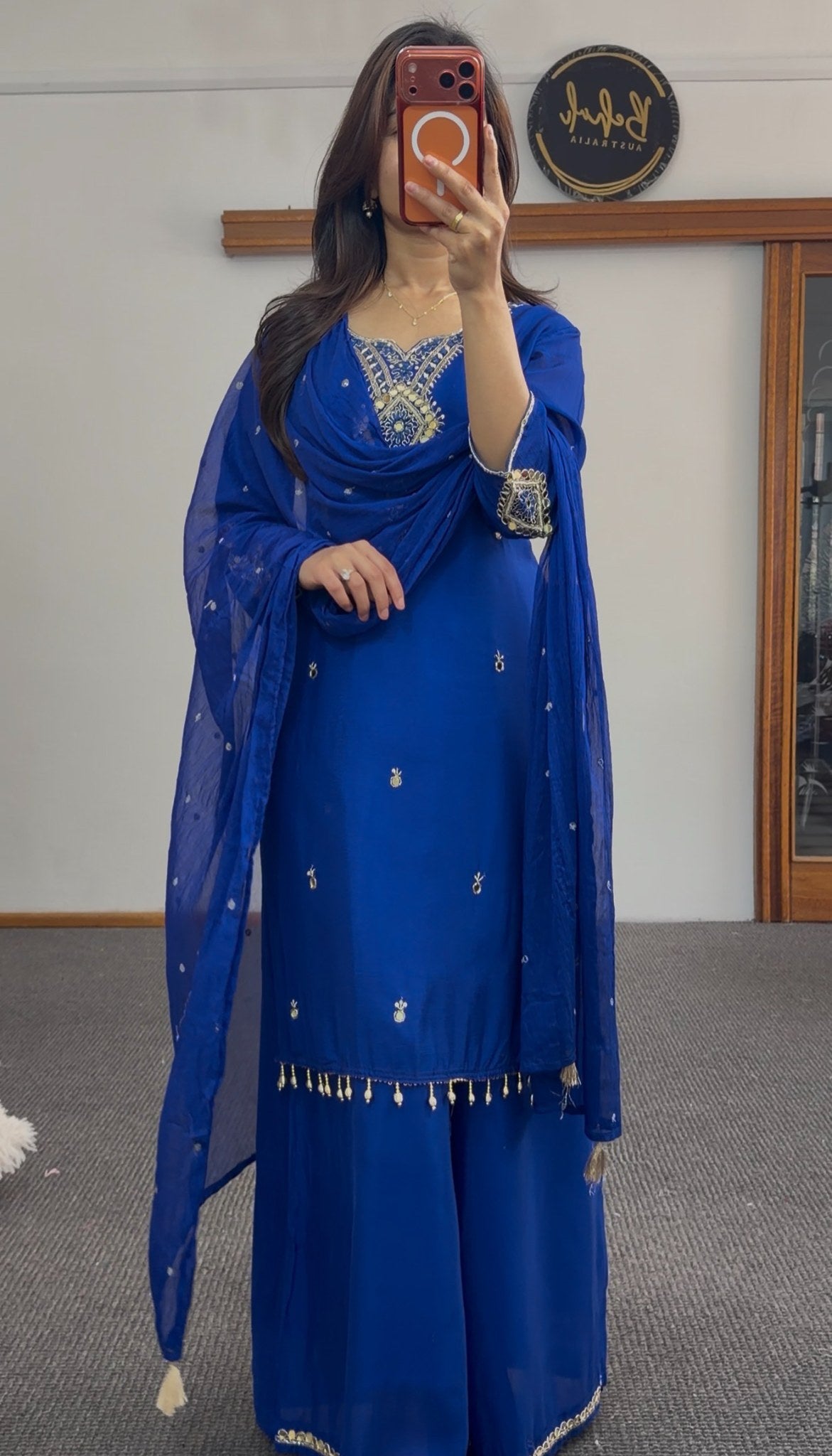 Cobalt blue palazzo suit set with gold embroidery, mirror detailing and pearl-beaded hemline — Behuli Australia — view 5