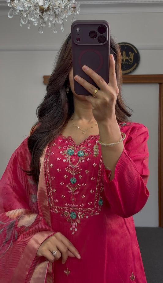 Pink kurti set with embroidered neckline, turquoise accents and floral-printed dupatta — Behuli Australia — view 2