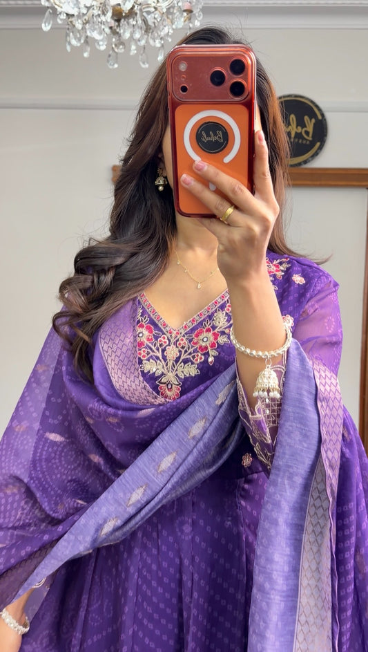 Purple Anarkali set with floral embroidery, scalloped hem detailing and matching printed dupatta — Behuli Australia — view 2