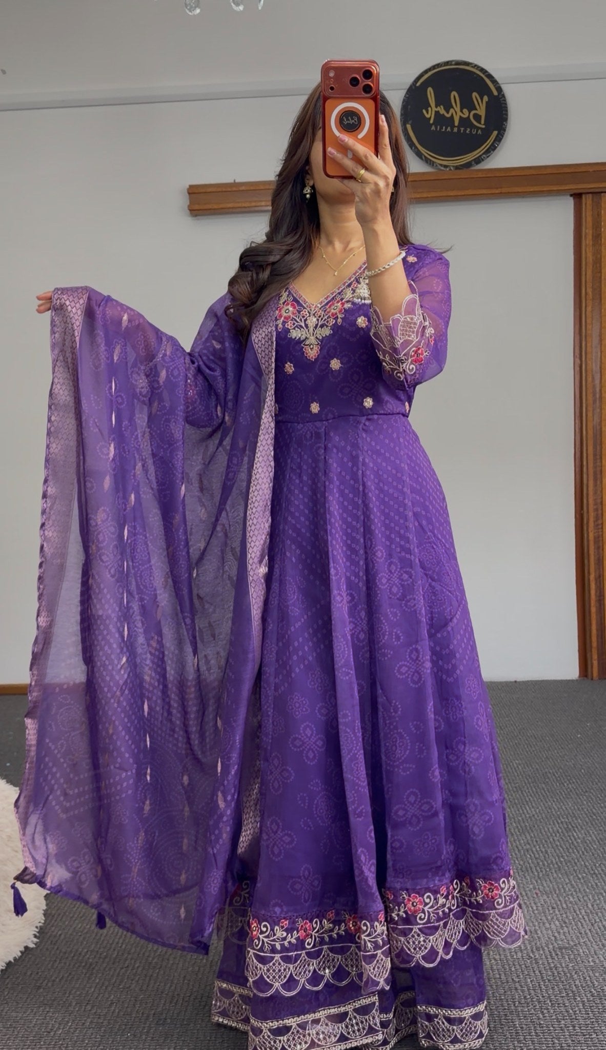 Purple Anarkali set with floral embroidery, scalloped hem detailing and matching printed dupatta — Behuli Australia — view 5