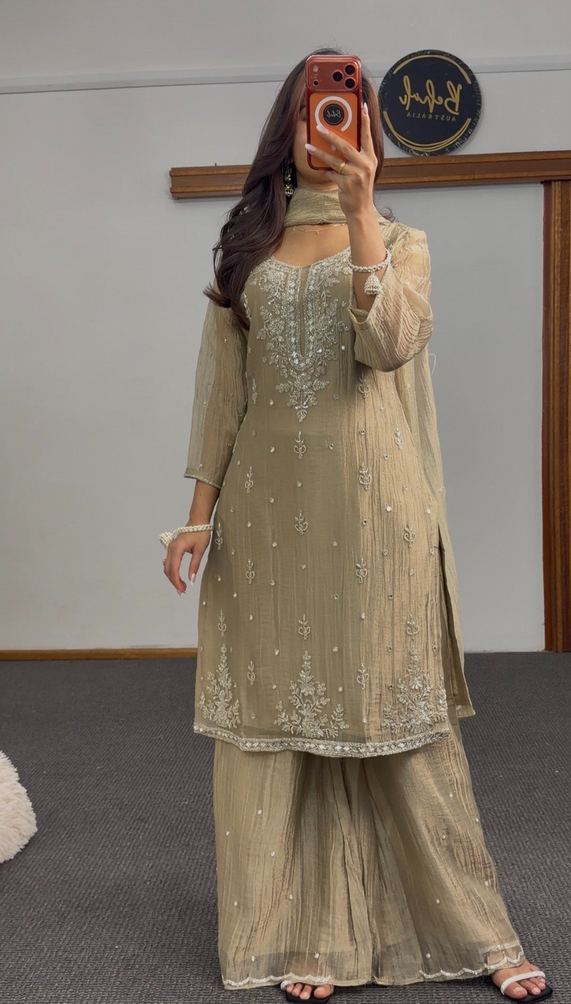 Sage green palazzo suit set with mirror work and floral embroidery, worn with matching dupatta — Behuli Australia — view 3