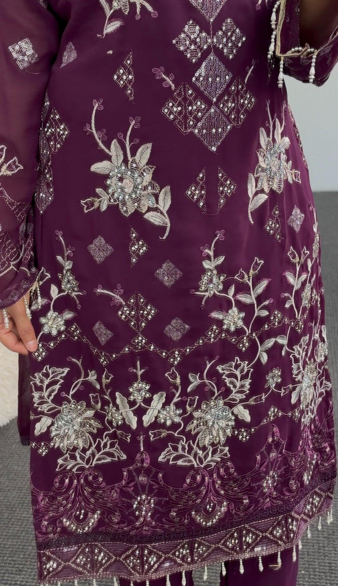 Plum kurti set with silver floral embroidery, sequin work and matching sheer dupatta — Behuli Australia — view 4