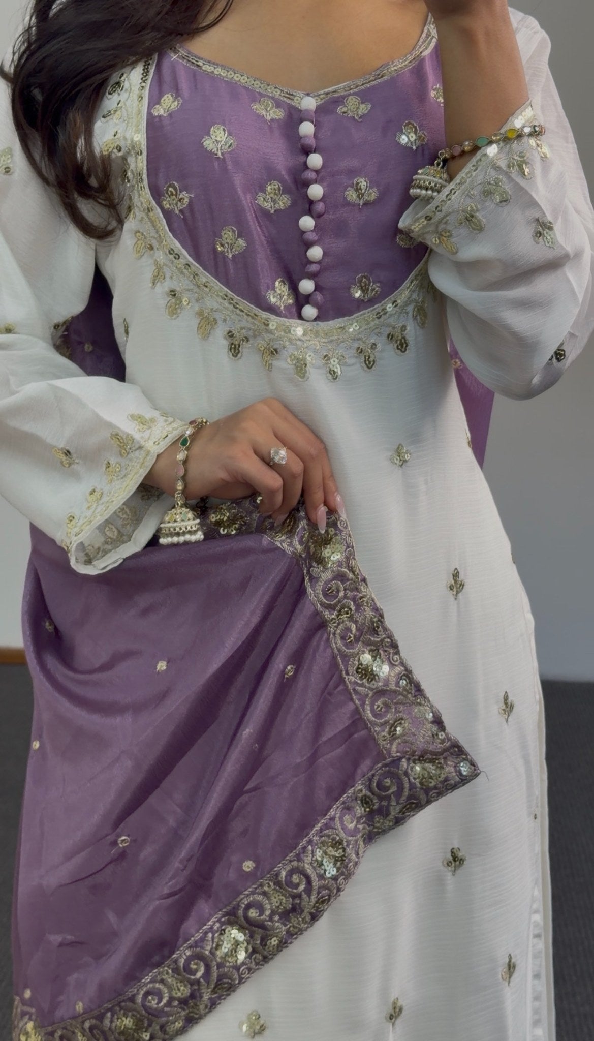 Ivory and lavender palazzo suit set with zari floral embroidery, embroidered dupatta and tassel hem detail — Behuli Australia — view 6