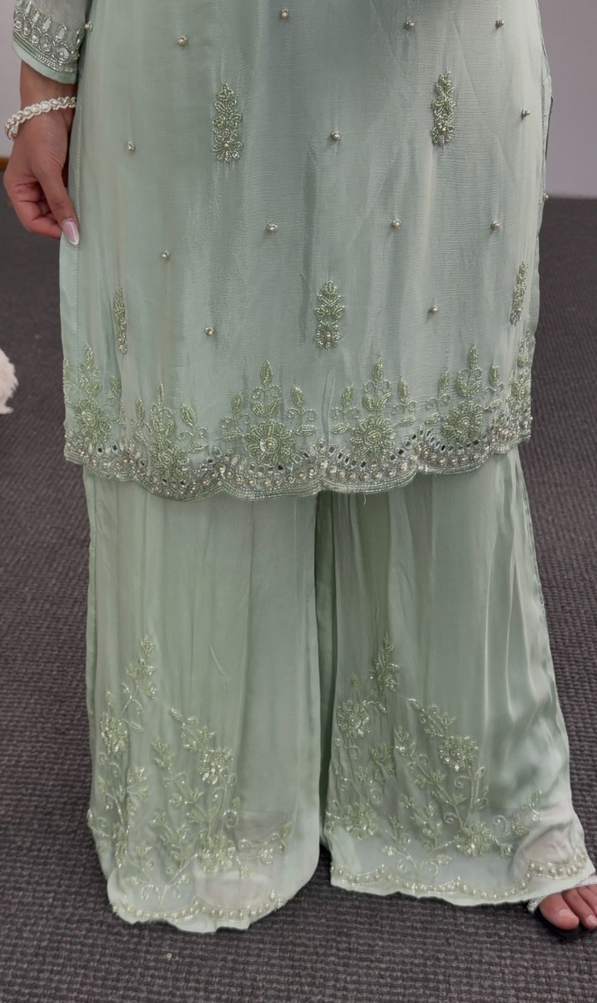 Mint green palazzo suit set with pearl beadwork, mirror embroidery and scalloped hem — Behuli Australia — view 6