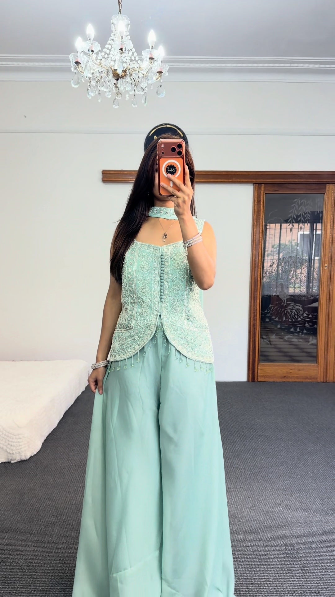 Mint Green Embellished Palazzo Suit with Peplum Top