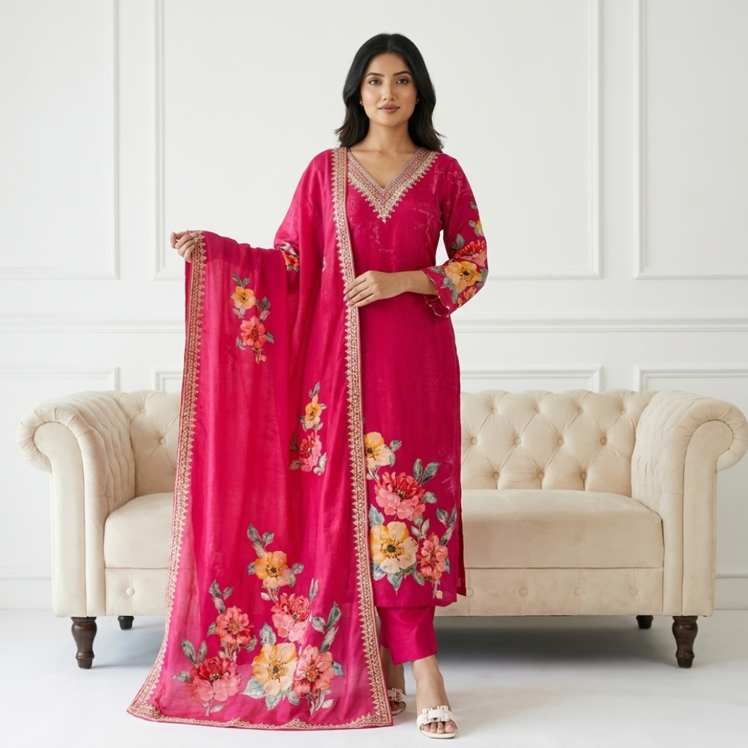 Fuchsia crepe silk kurti set with floral print — Behuli Australia — additional view