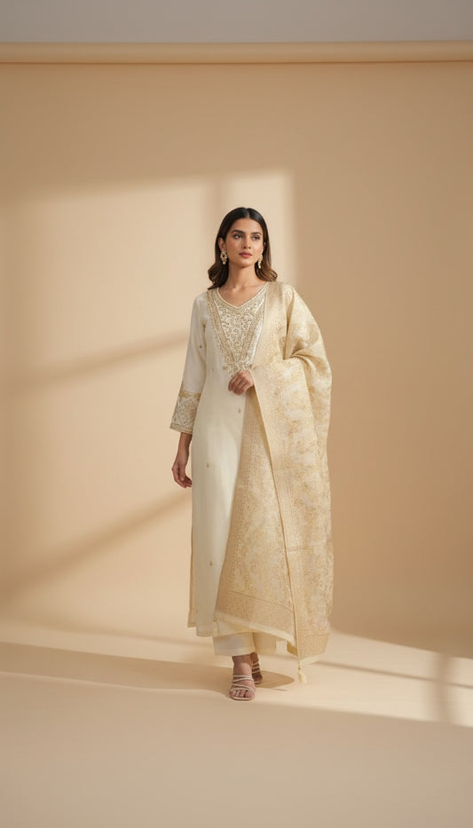 Ivory Embroidered Silk Kurta Set with Gold Brocade Dupatta