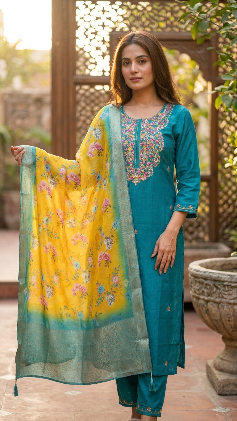 Mustard Zari Silk Kurti Set