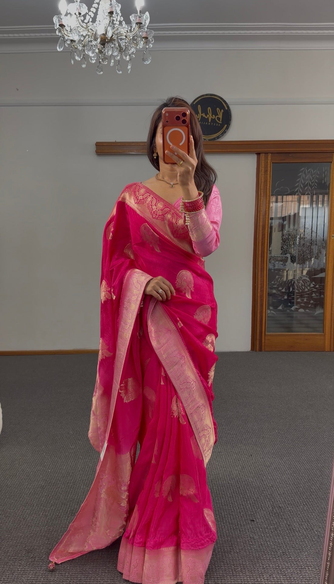 Fuchsia Banarasi silk saree with gold zari weave in Australia