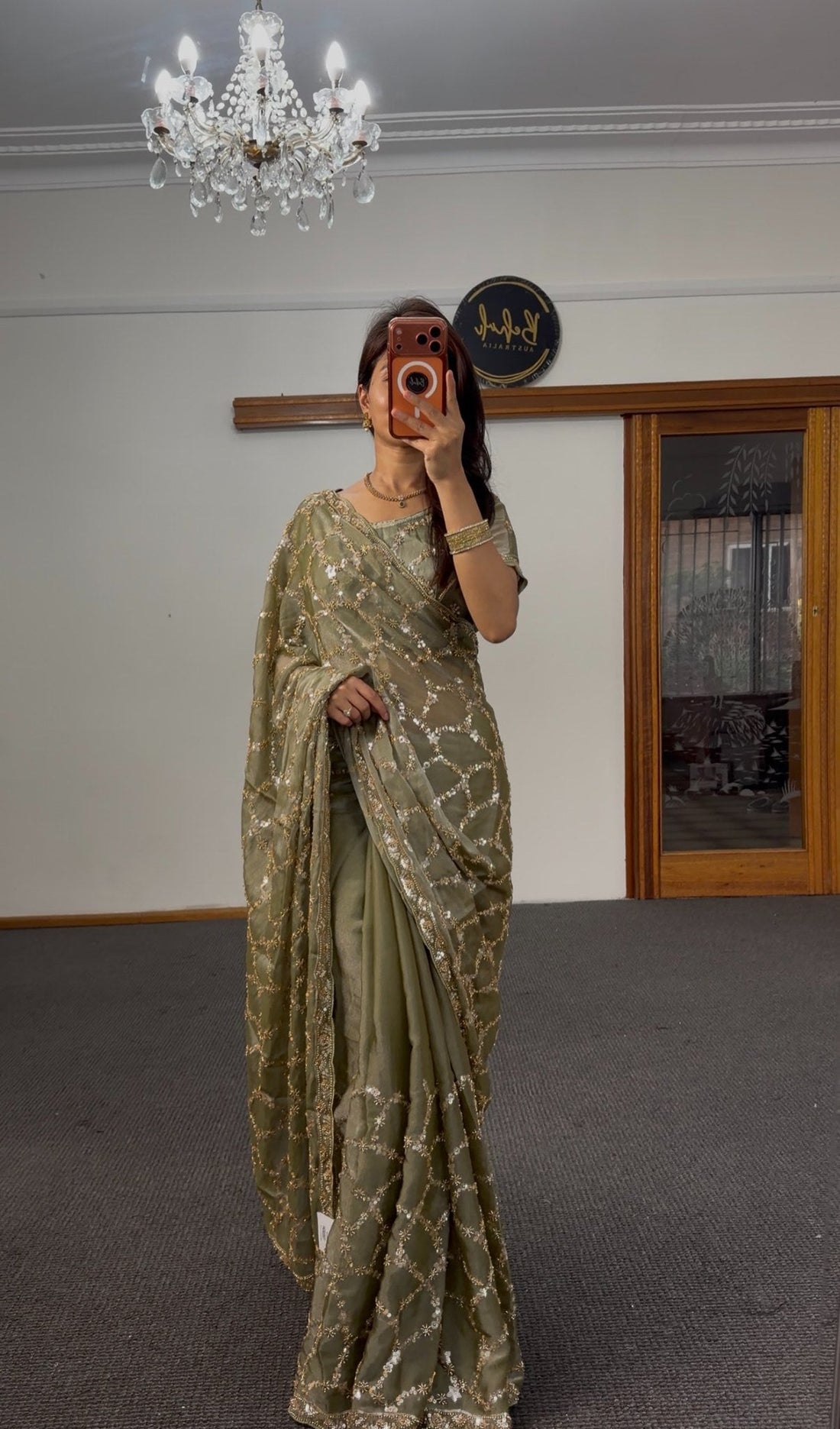 Sage green silk saree for Adelaide saree shoppers
