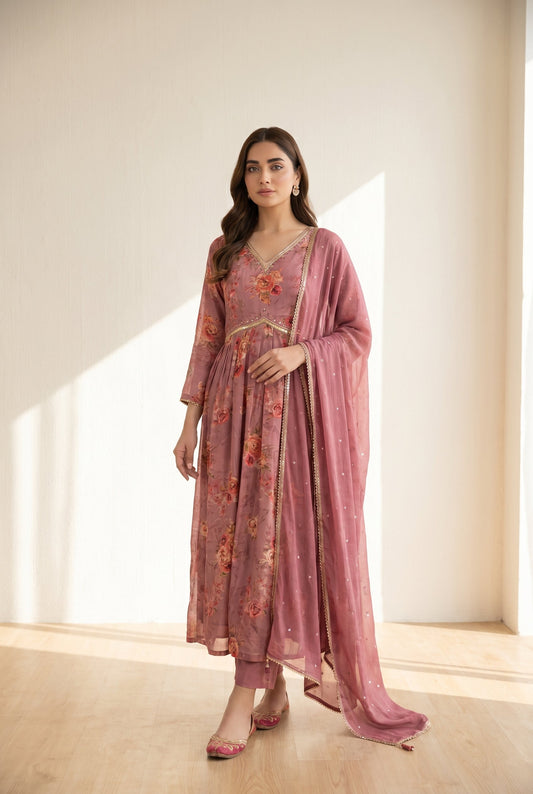 Dusty rose Anarkali outfit illustrating South Asian outfit styles in Australia
