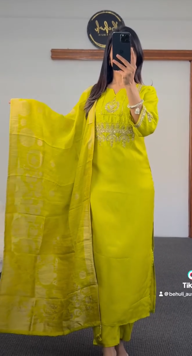 Green and yellow Jamara Kurthi Set for Dashain celebrations in Australia