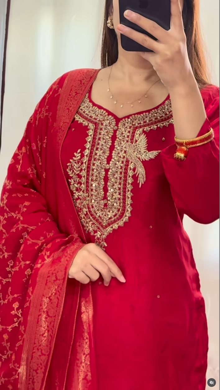 Red silk embroidered traditional outfit inspiration for a Nepali wedding in Australia